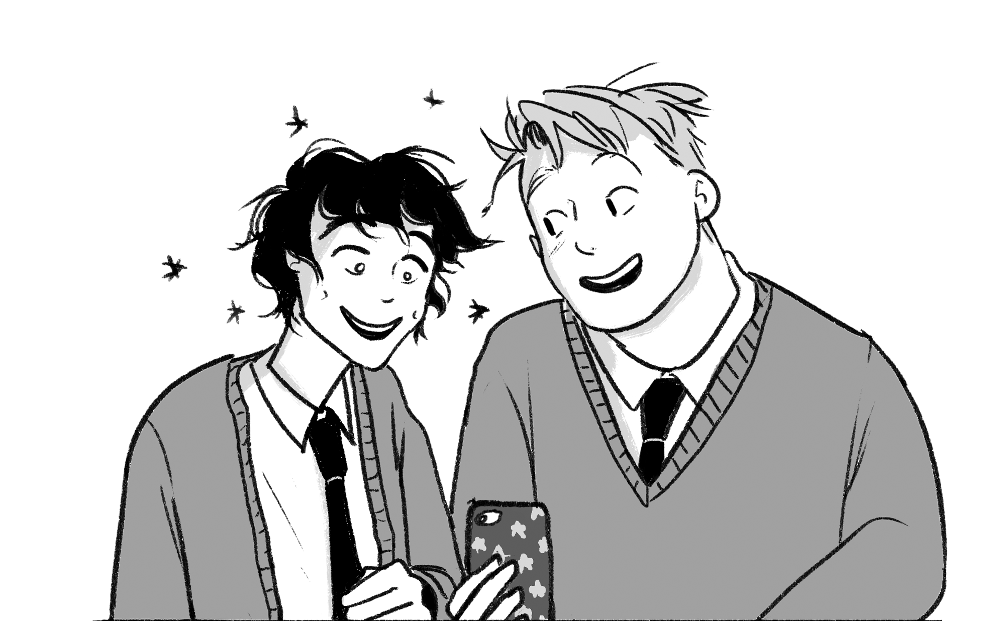 Nik und Charlie aus Heartstopper in schwarz-weiß