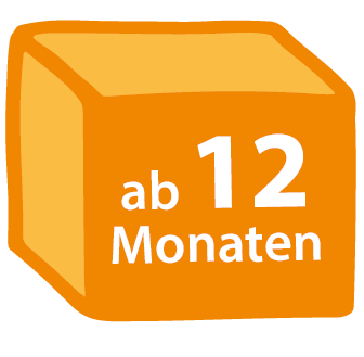 orangefarbener Würfel mit der Aufschrift "ab 12 Monaten"; Linkziel: zum Inhalt "Bücher ab 12 Monaten" springen