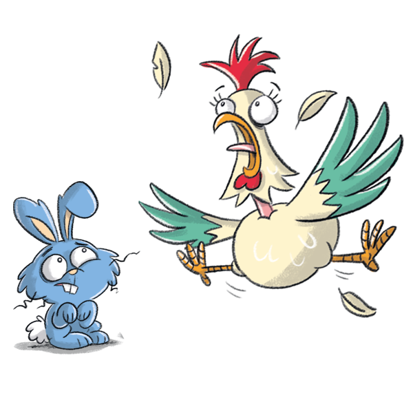Illustration von einem Huhn und einem Hase aus den Büchern die Bande vom Lande