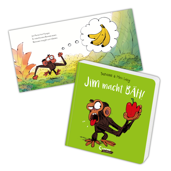 Buchcover von Jim macht bäh von Suzanne und Max Lang und eine Innenseite; Linkziel: Titeldetailseite des Buchs