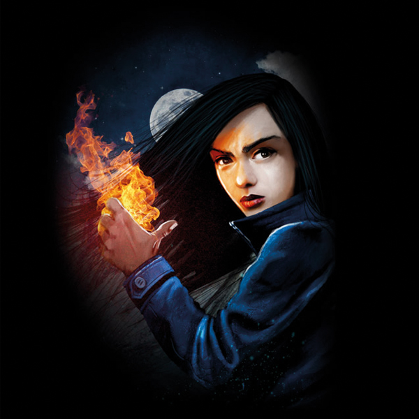 Die Protagonistin Walkuere Unruh mit flammender Hand.