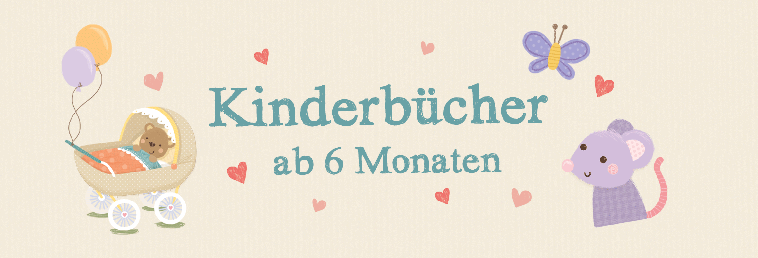 Banner Kinderbuecher ab 6 Monaten mit verschiedenen bunten Charakteren in Kreisform