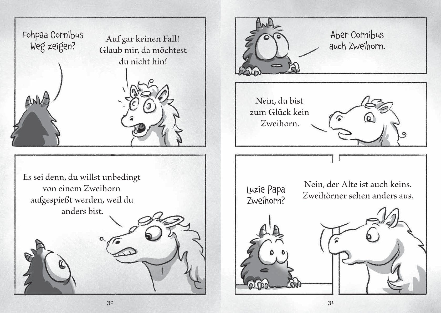 Schwarz-weiße Innenseite der Buchreihe Cornibus und Co