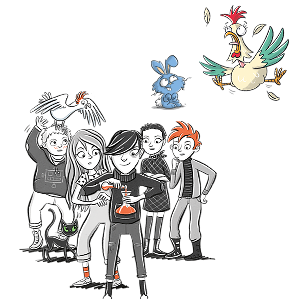 Illustration der Red-Bande aus der Buchreihe Red und einem Huhn und einem Hase aus den Büchern die Bande vom Lande