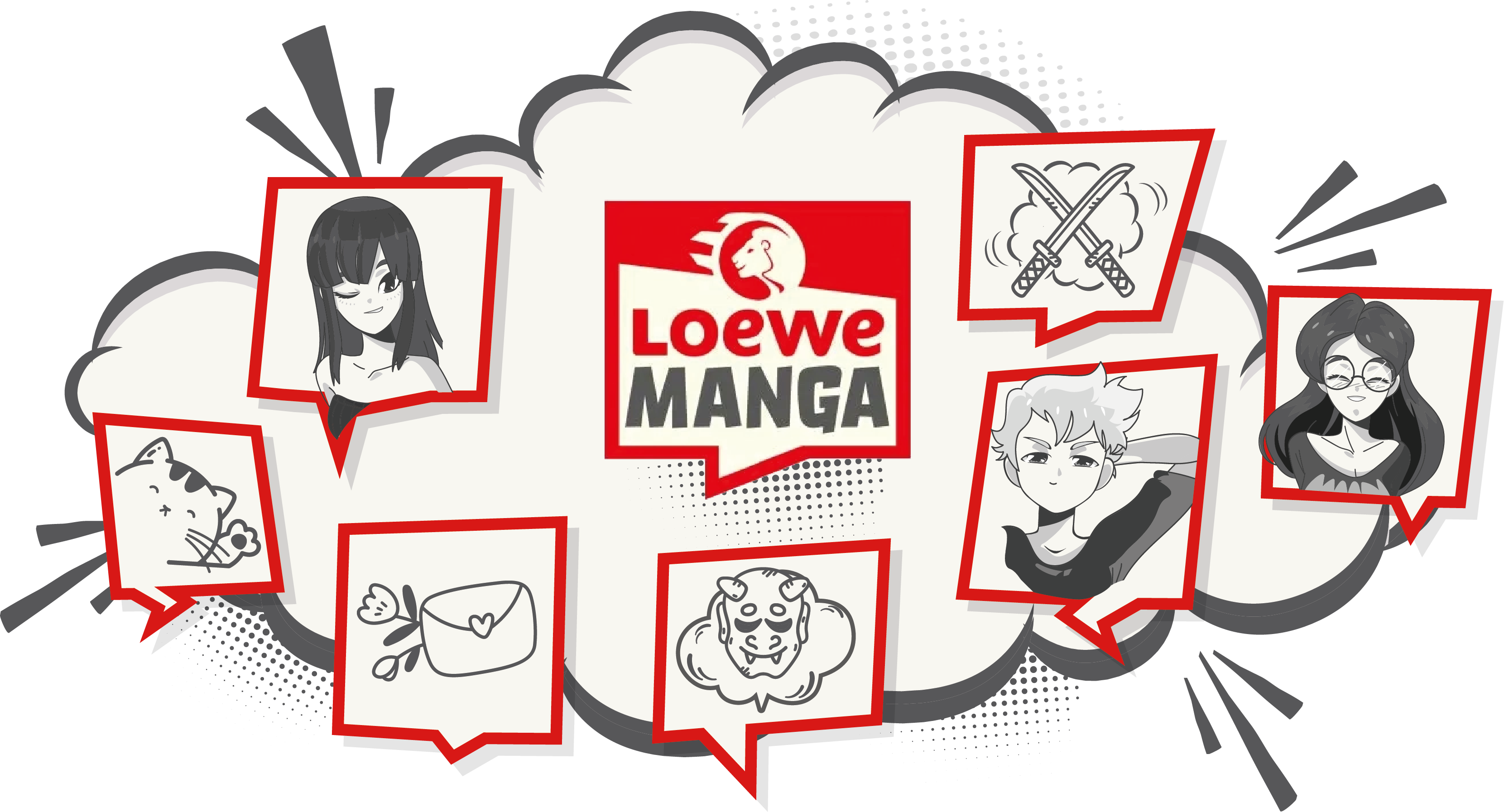 Loewe Manga; Banner Loewe Manga Logo mit den Kategorien Action, Boys Love, Comedy, Fantasy, Girls Love, Romance und Slice of Life in einer Comic-Wolke
