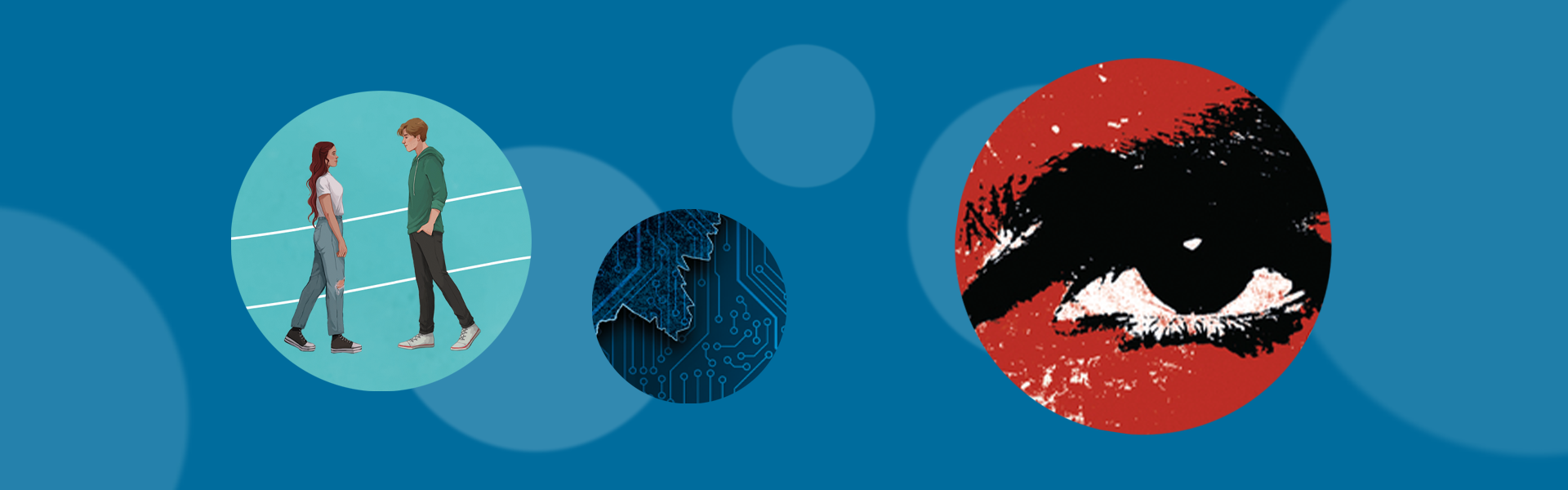 Jugendbuecher Bestseller; Banner Banner Jugendbuecher Bestseller mit verschiedenen bunten Charakteren in Kreisform