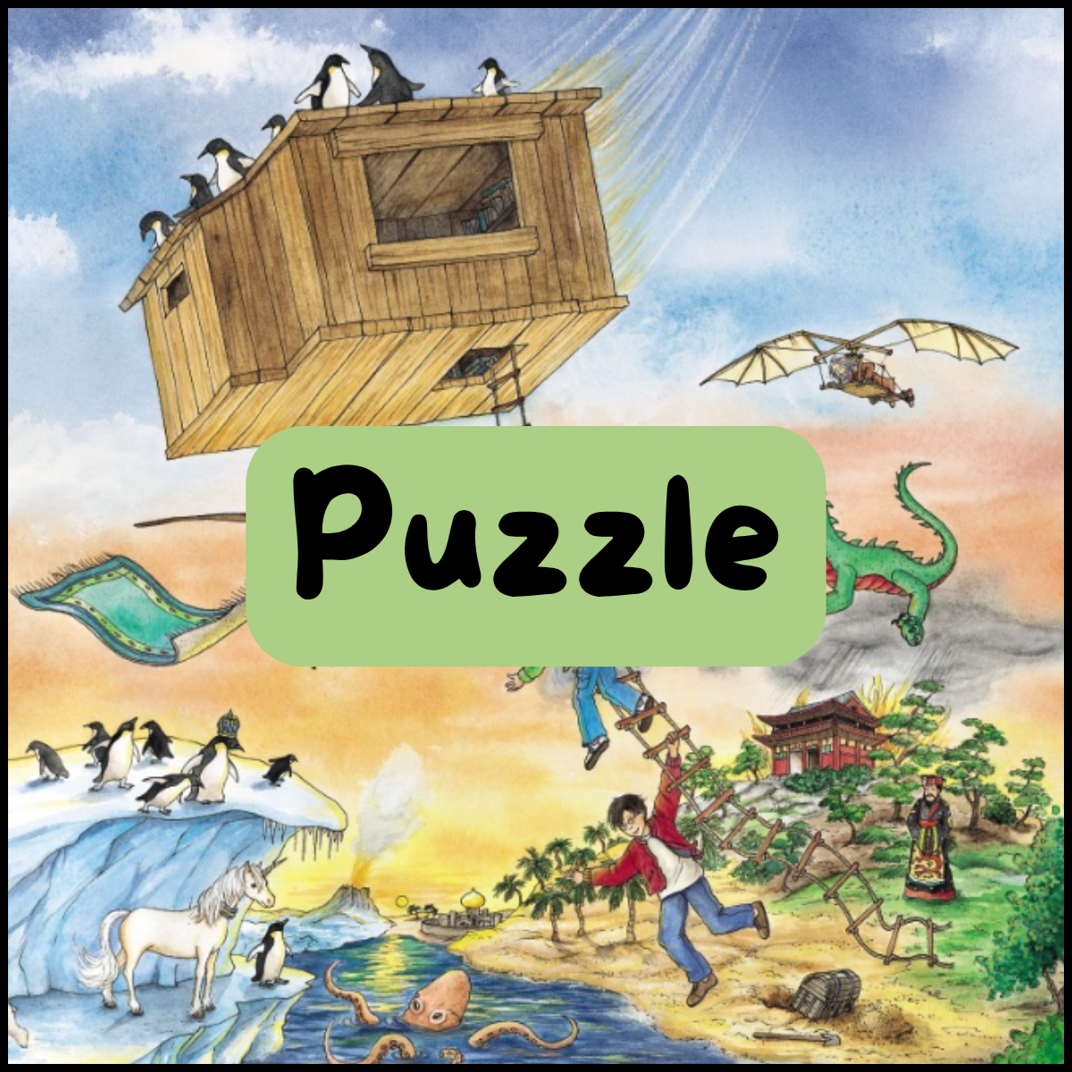 Das fliegende magische Baumhaus, im Hintergrund verschiedene Tiere und Landschaften, Linkziel: Puzzle zum Titel Das Magische Baumhaus Das verborgene Reich der Pinguine