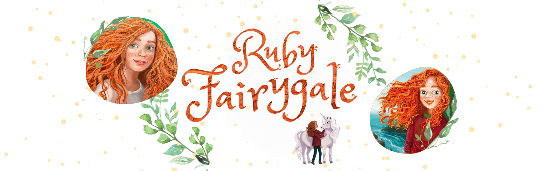 Ruby Fairygale; Banner Banner zu Ruby Fairygale mit der Schrift Ruby Fairygale, zwei Bildern von Ruby und Blätterranken