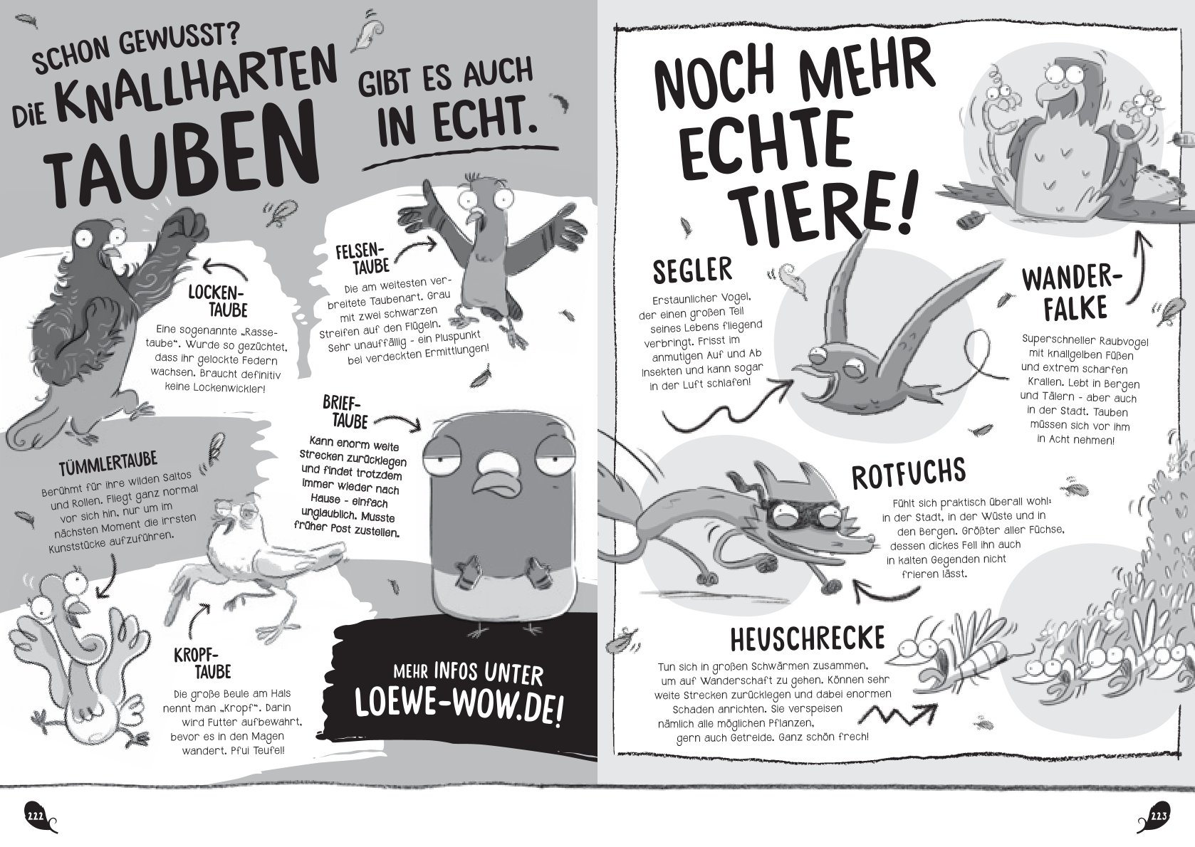 Schwarz-weiße Innenseite der Buchreihe Knallharte Tauben