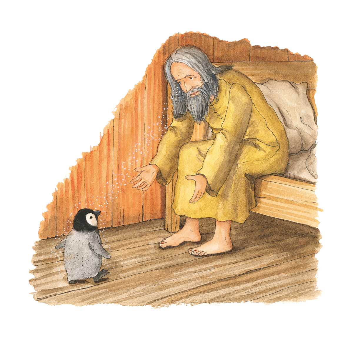 Illustration vom Zauberer Merlin und einem Pinguin