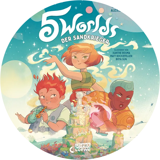 Kreisfoermiger Ausschnitt des Covers von Five Worlds - Der Sandkrieger; Linkziel: Titeldetailseite 5 Worlds - Der Sandkrieger