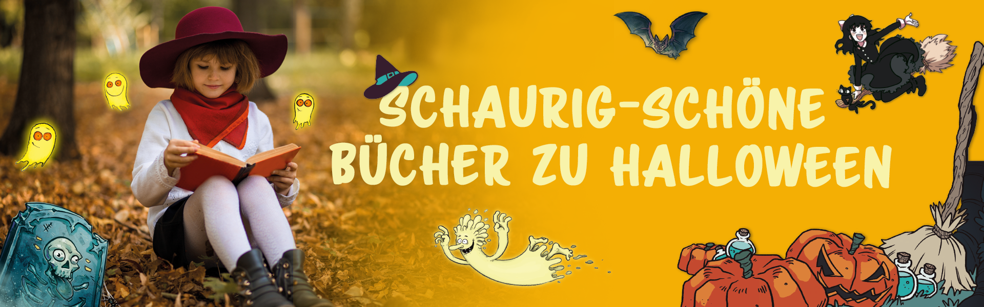 Halloween; Banner Banner Halloween mit einem Mädchen im Herbstsetting, das ein Buch liest, verschiedenen Charakteren vom Loewe Verlag und dem Text: Schaurig-schöne Bücher zu Halloween