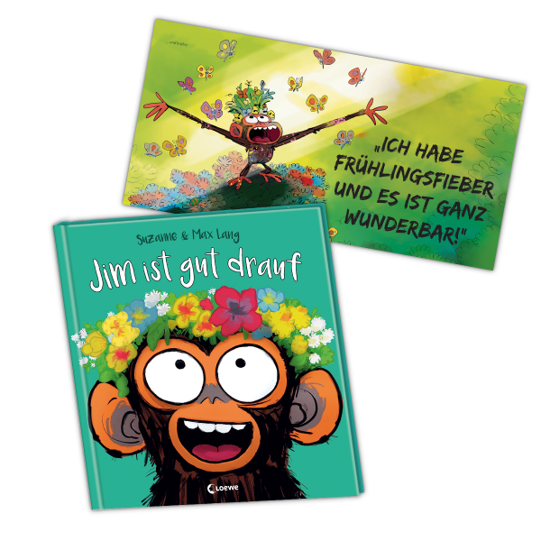 Buchcover von "Jim ist gut drauf" von Suzanne und Max Lang und eine Innenseite, die den Affen Jim mit ausbreiteten Armen und Schmetterlingen zeigt; Linkziel: Titeldetailseite des Buches