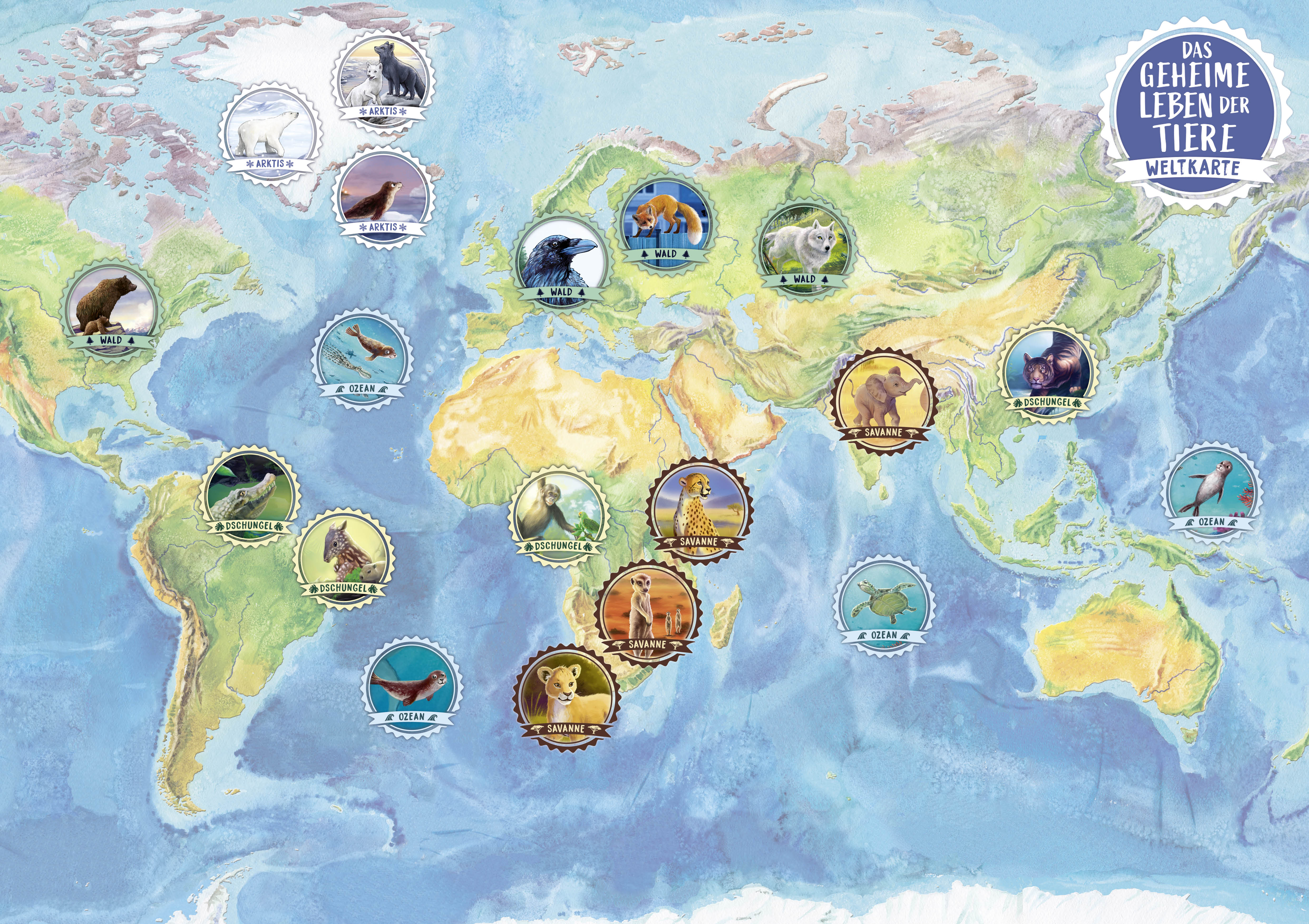 Das geheime Leben der Tiere; Weltkarte Weltkarte, die die Lebensräume der verschiedenen Tiere der Buchreihe Das geheime Leben der Tiere zeigt