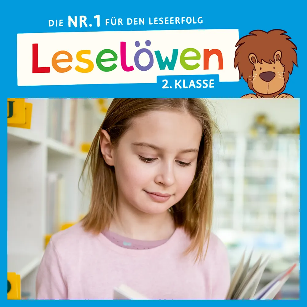 Leseloewen 2.Klasse Logo mit Foto eines lesenden Kindes vor einem Buecherregal; Linkziel: Kategorie Leseloewen 2.Klasse