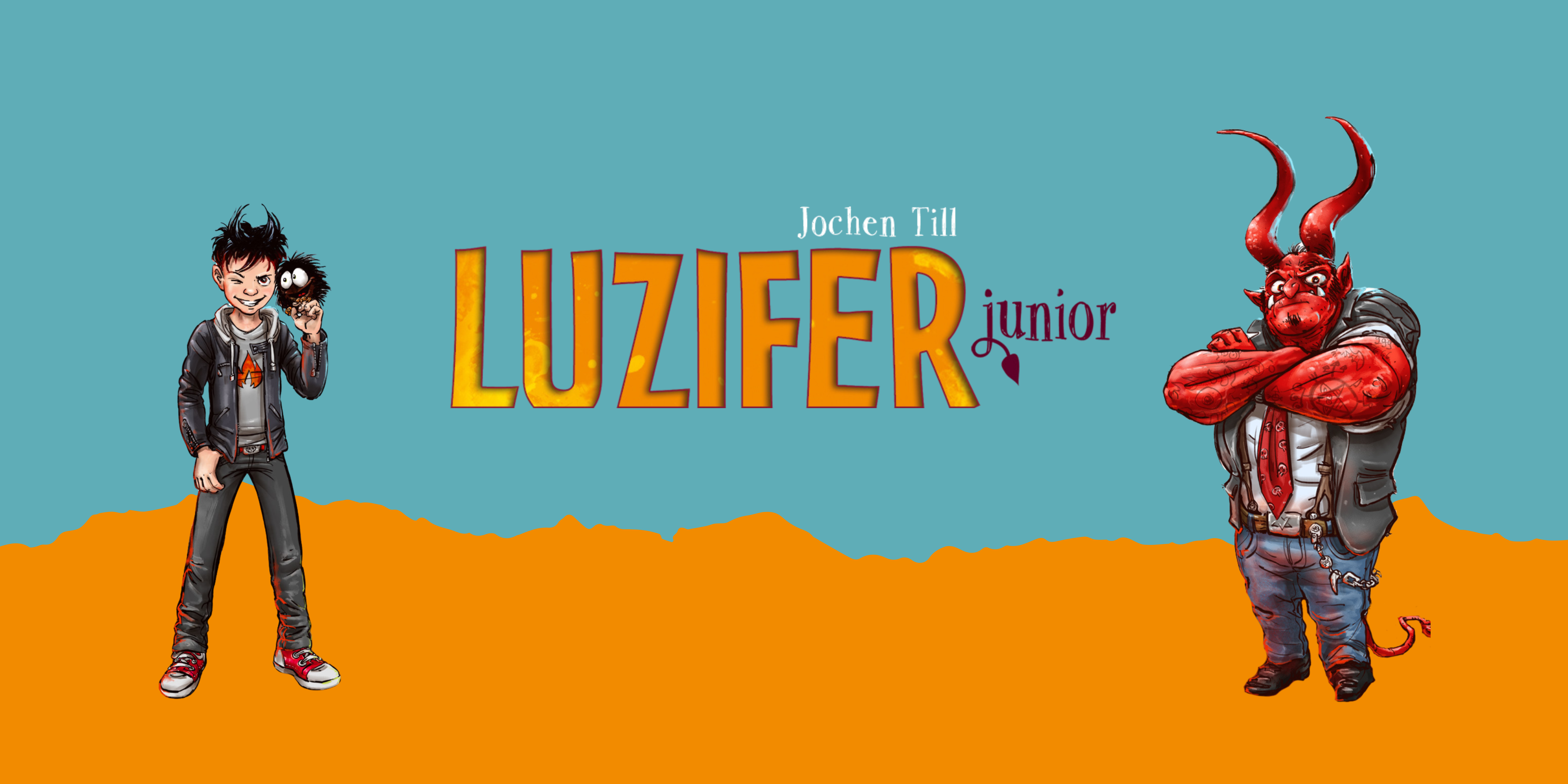 Banner; Luzifer Junior Banner mit Luzifer Junior und Luzifer Senior aus der Reihe Luzifer Junior von Jochen Till auf orangenem und blauem Hintergrund
