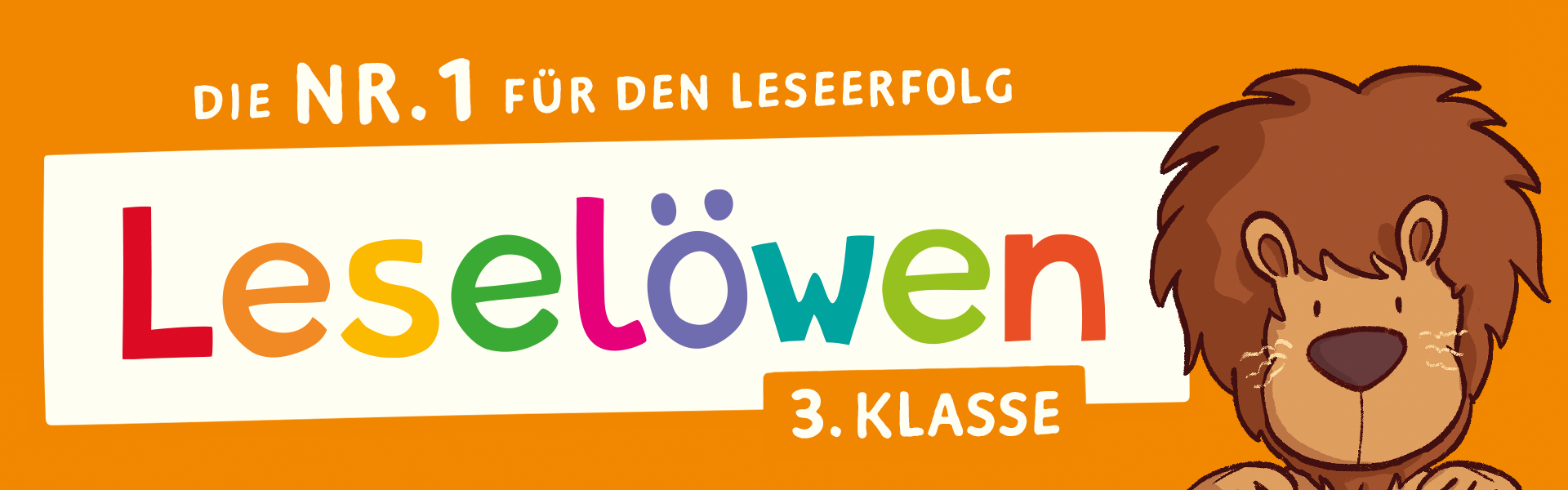 Leseloewen 3.Klasse; Banner Banner mit "Die Nr.1 für den Lesestart" und dem Leseloewen 23Klasse Logo mit dem Leseloewen rechts auf orangenem Hintergrund