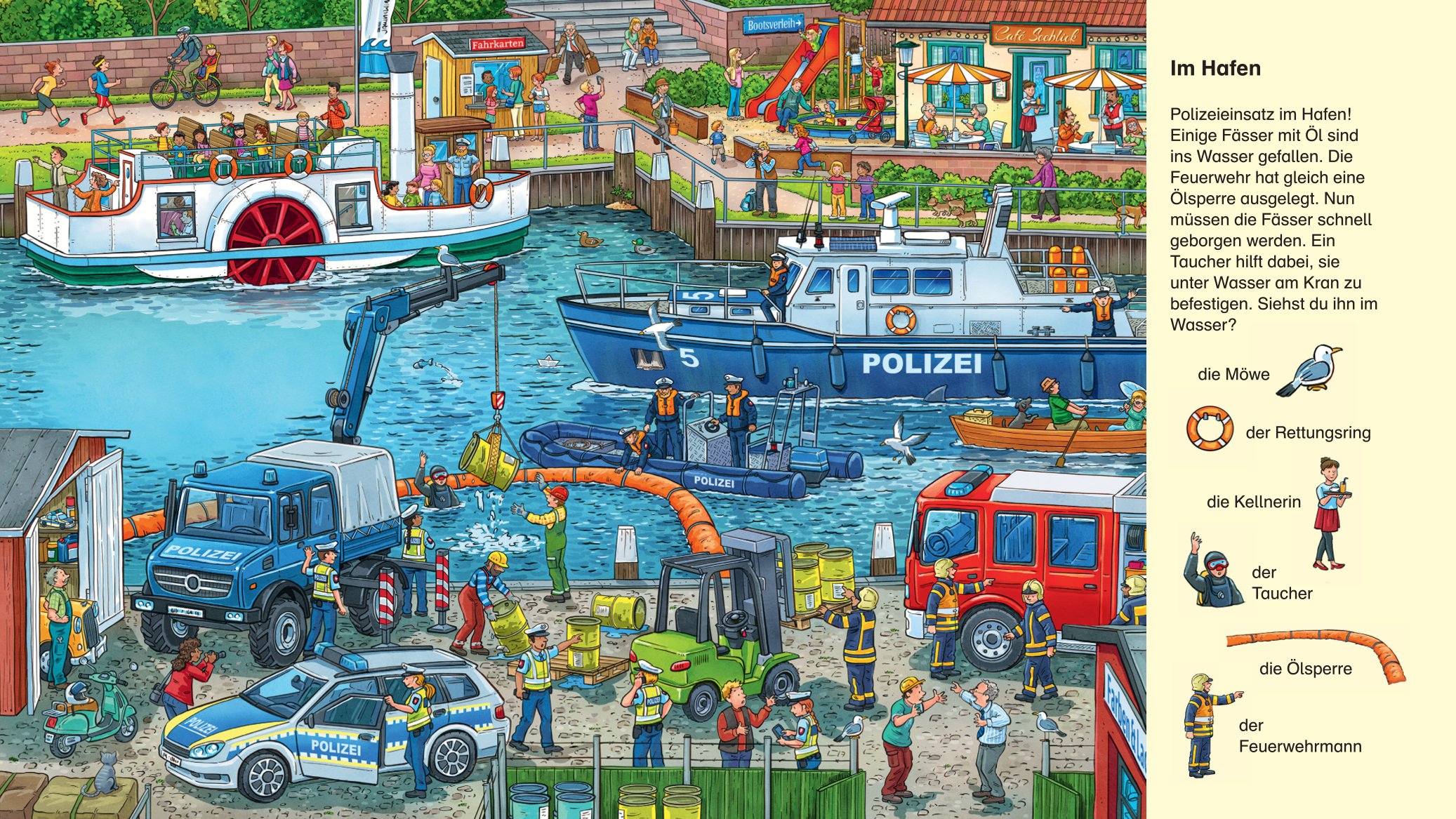 Innenseite des Buches "Suche und finde! Polizei, Feuerwehr und Krankenwagen"