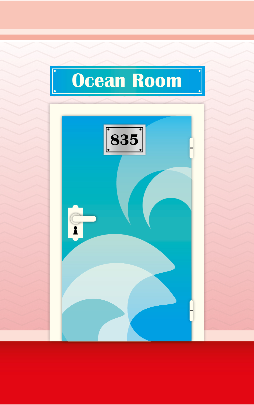 Bild einer blauen Tür mit Zimmernummer 835 und der Überschrift Ocean Room; Linkziel: Ocean Room