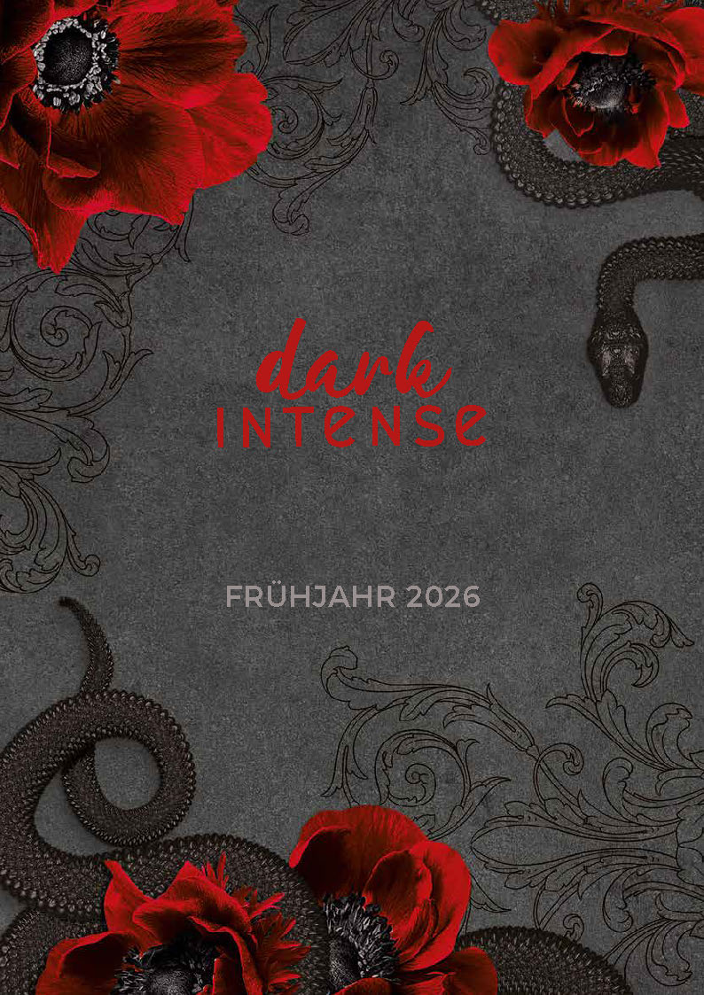 dark Intense Fruehjahr 2026 auf grauem Hintergrund mit Schlangen und roten Blumen; Linkziel: Vorschau dark Intense Fruehjahr 2026