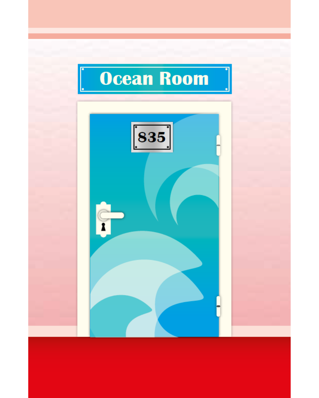 Bild einer blauen Tür mit Zimmernummer 835 und der Überschrift Ocean Room