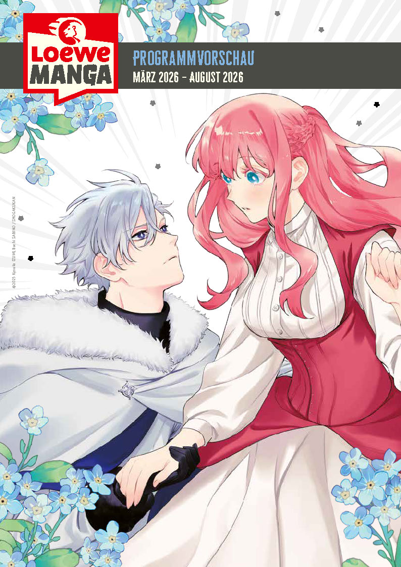 Zwei Personen im Manga-Stil auf weißem Hintergrund mit blauen Blumen; Programmvorschau Loewe Manga; Linkziel: Loewe Manga Fruehjahr 2026