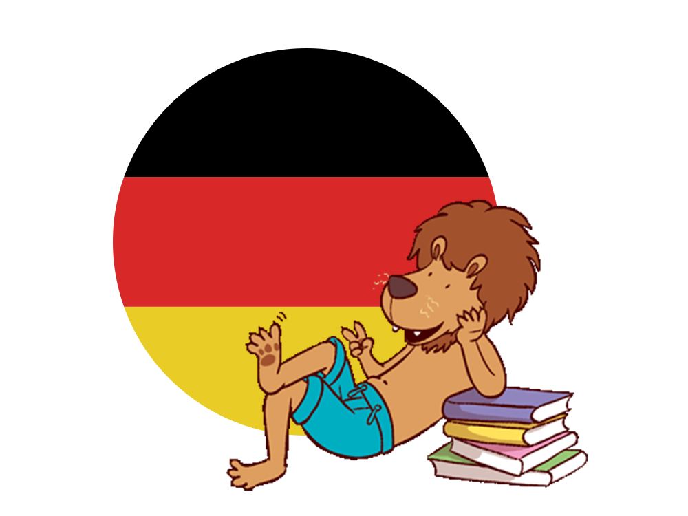 Der Leseloewe mit einem Stapel Buecher vor einer kreisfoermigen Deutschlandflagge; Linkziel: Kategorie Lizenzen Inland