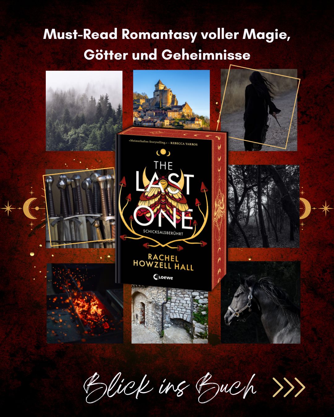 Moodboard zu The Last One mit Cover und Verweis auf Blick ins Buch, Linkziel: Instagram Loewe Verlag