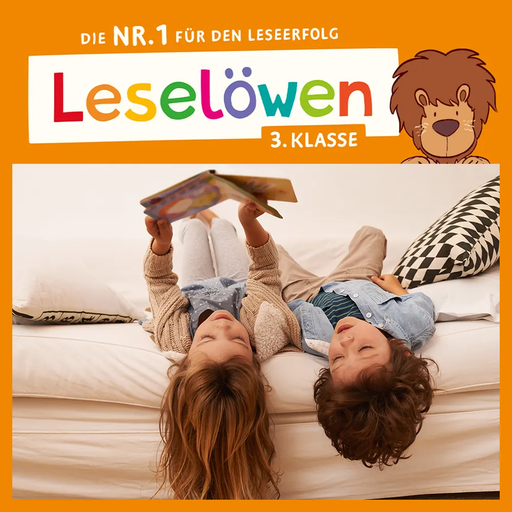 Leseloewen 3.Klasse Logo mit Foto von zwei lesenden Kinder auf einer Couchl; Linkziel: Kategorie Leseloewen 3.Klasse