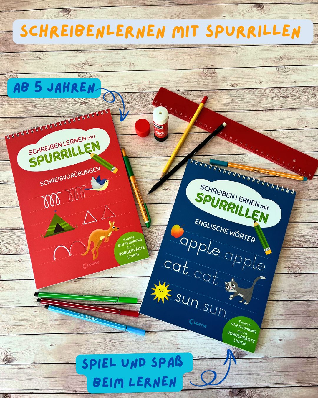 Loewe Verlag; Kinderbuecher Bild der zwei Bücher Schreibenlernen mit Spurrillen, Linkziel: Instagram Loewe Kinderbuch