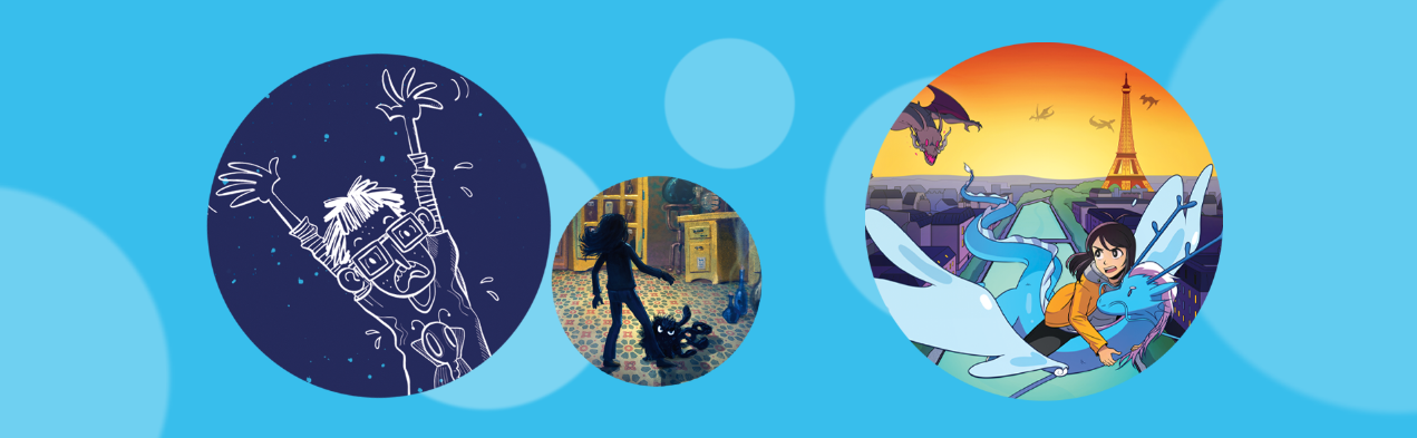 Kinderbuecher ab 11 Jahren; Banner Banner Kinderbuecher ab 11 Jahren mit verschiedenen bunten Charakteren in Kreisform