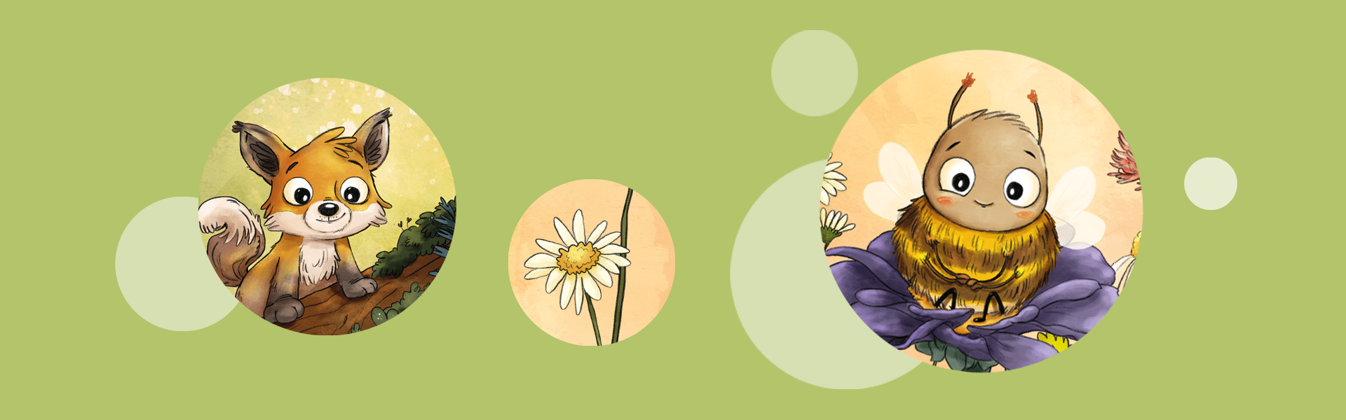 Kinderbuecher ab 2 Jahren; Banner Banner Kinderbuecher ab 2 Jahren mit verschiedenen bunten Charakteren in Kreisform