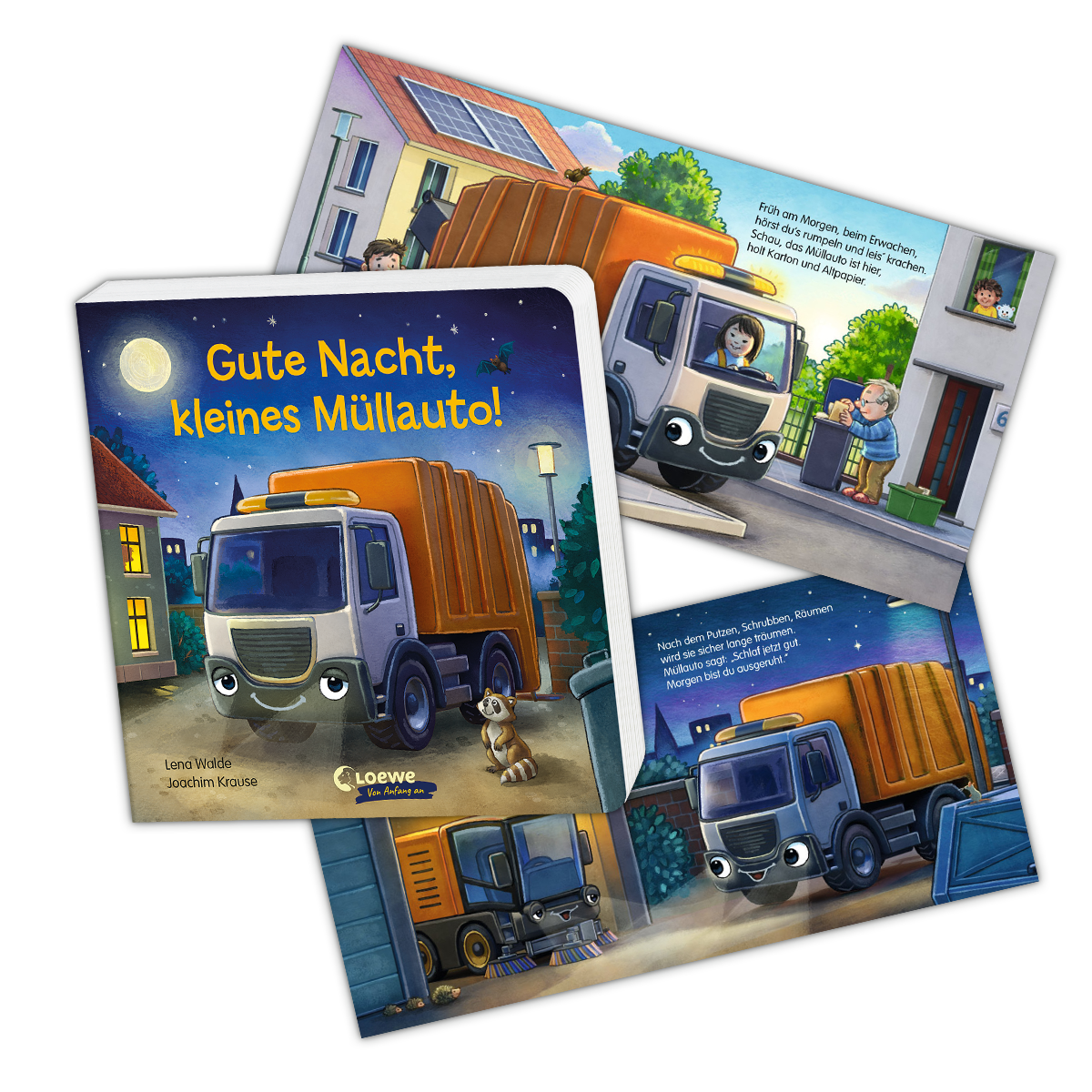 Cover und Innenseite des Buches "Gute Nacht, kleines Müllauto!"; Linkziel: Titeldetailseite des Buches