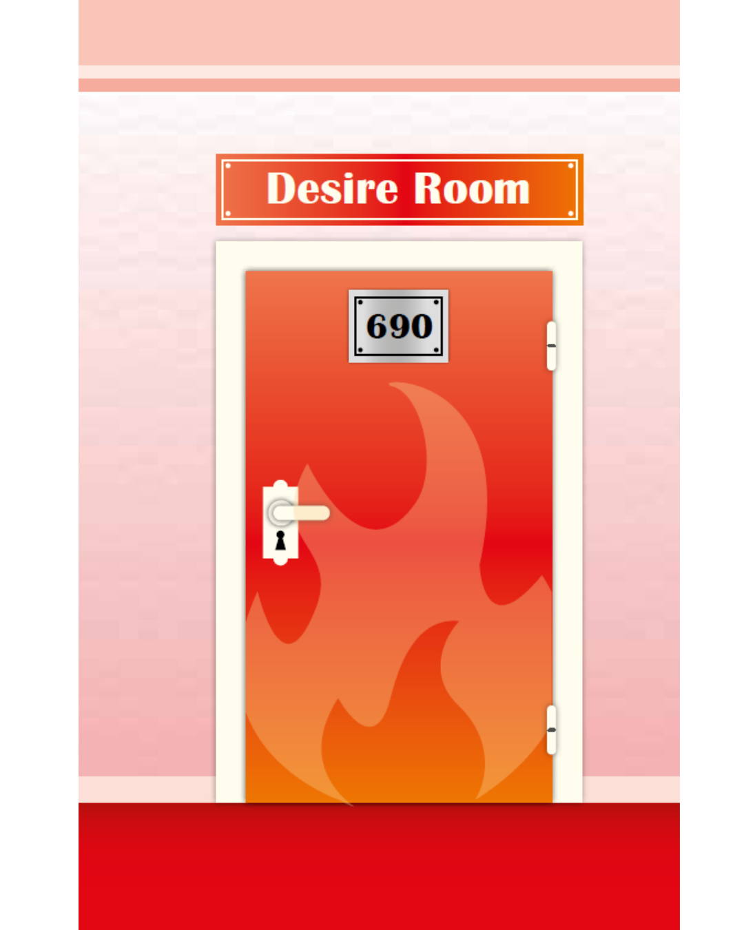 Bild einer orangenen Tür mit Flammen und der Zimmernummer 690 und der ÜBerschrift Desire Room