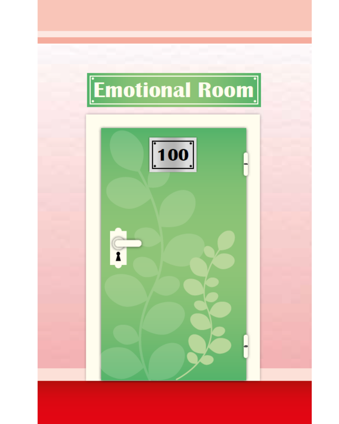 Bild einer grünen Tür, Zimmernummer 100, ÜBerschrift Emotional Room