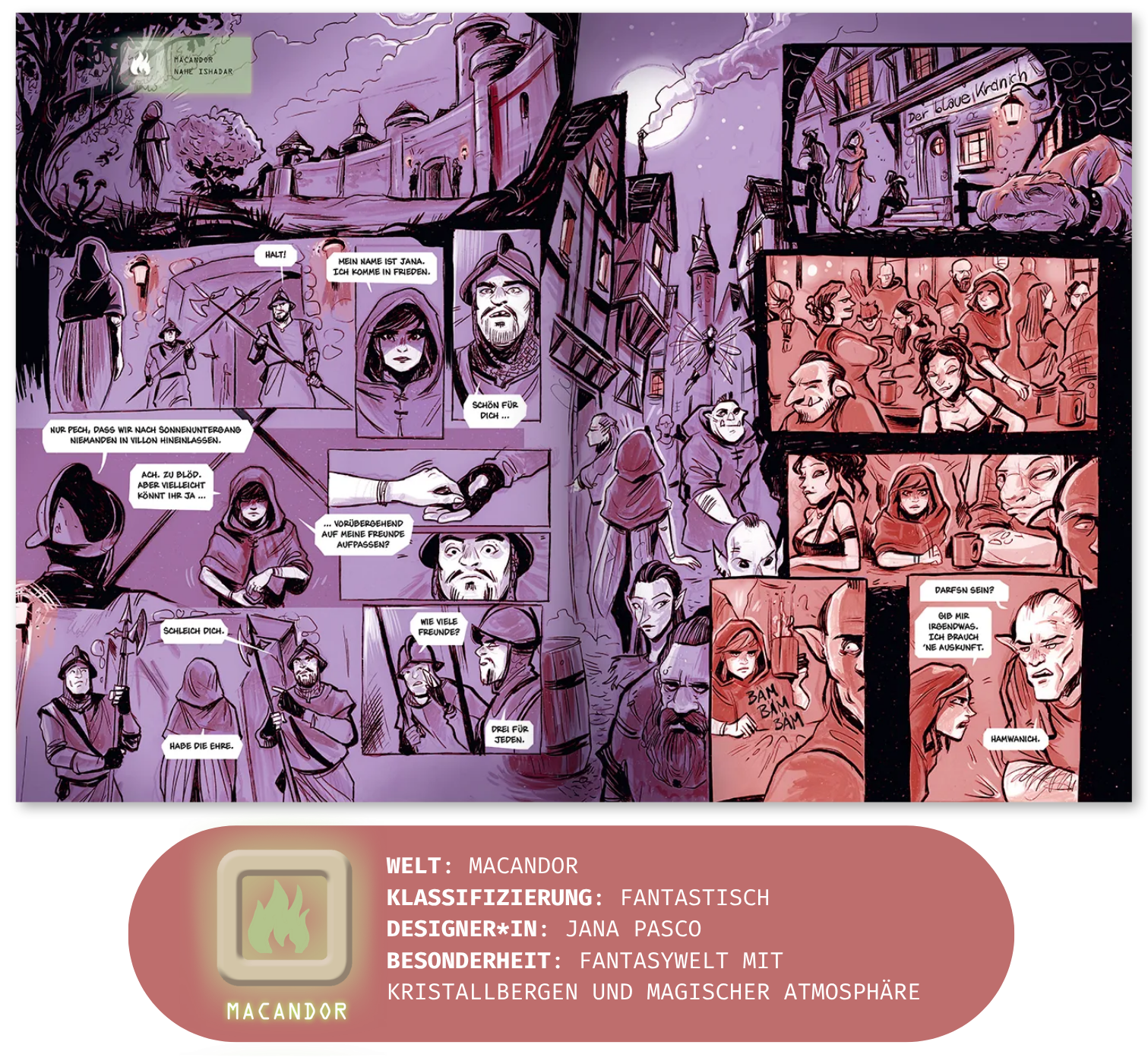 Innenseite Graphic Novel von Macandor + Weltendetails; Linkziel: Titeldetailseite Graphic Novel