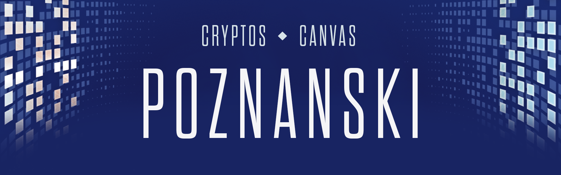 Banner in dunkelblau mit hellen Kacheln rechts und links; Text groß Poznanski und Cryptos Canvas darüber