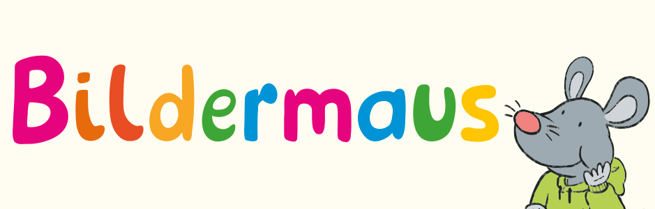das bunte Bildermaus-Logo auf beigem Hintergrund, Bildermaus rechts
