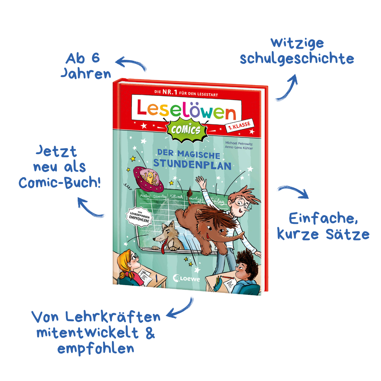 Cover Leseloewen Comics 1. Klasse - Der Magische STundenplan mit Infos dazu; Linkziel: Leseloewen Comics Abschnitt Landingpage