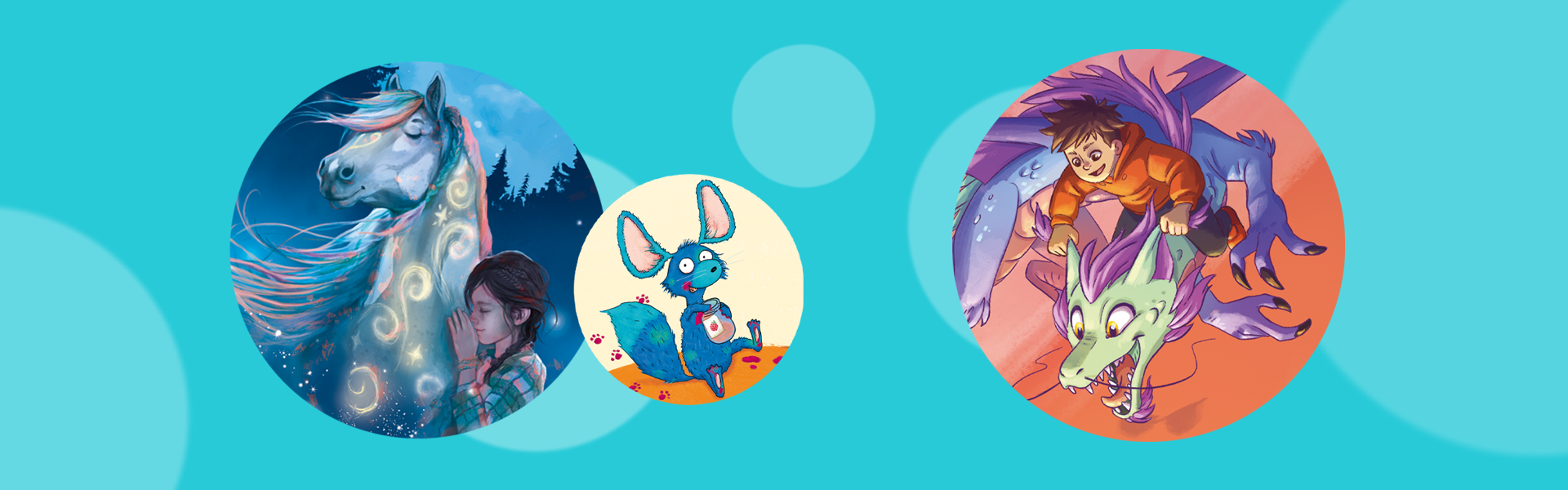 Kinderbuecher ab 7 Jahren; Banner Banner Kinderbuecher ab 7 Jahren mit verschiedenen bunten Charakteren in Kreisform