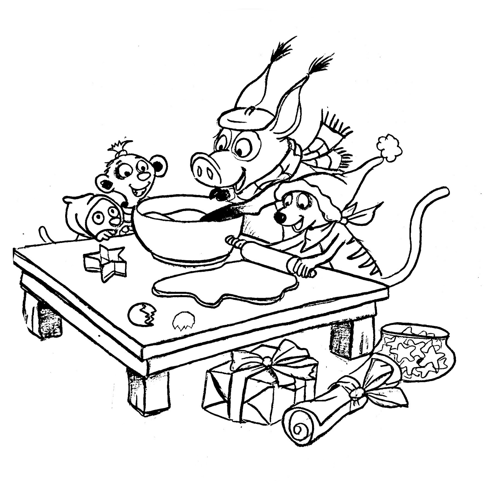 Ausmalbild von Tafiti und Pinsel, die Plätzchen backen, Linkziel: Download Ausmalbild