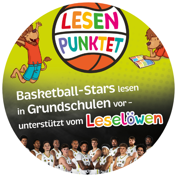 Basketball-Stars lesen in Grundschulen; Lesen Punktet-Aktion; Linkziel: Pressemitteilung Lesen Punktet