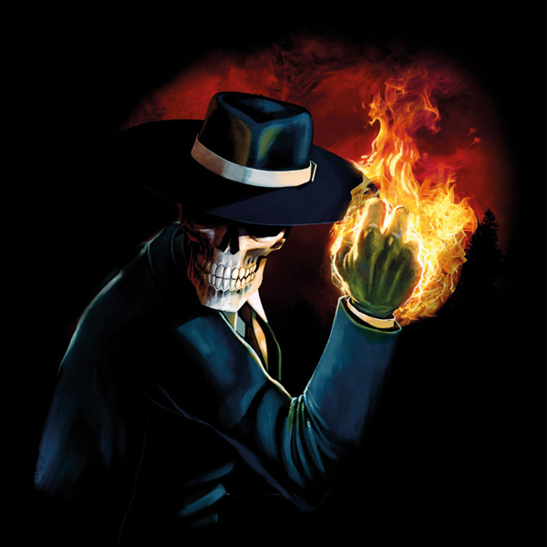 Der Charakter Skulduggery Pleasant mit flammender Hand.