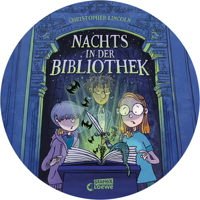 Kreisfoermiger Ausschnitt des Covers von Nachts in der Bibliothek; Linkziel: Titeldetailseite Nachts in der Bibliothek