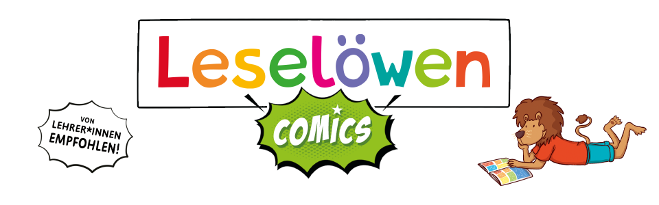 Leseloewen Comics Logo, mit dem liegenden Leseloewen rechts und der Sprechblase: Von Lehrer*innen empfohlen links