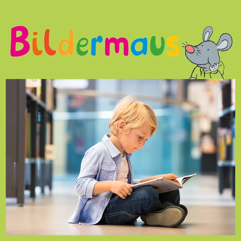 Lesen lernen mit Leseloewen und Bildermaus;  Bildermaus Bildermaus Logo auf grünem Hintergrund oben im Bild, unten ließt ein kleiner Junge ein Buch