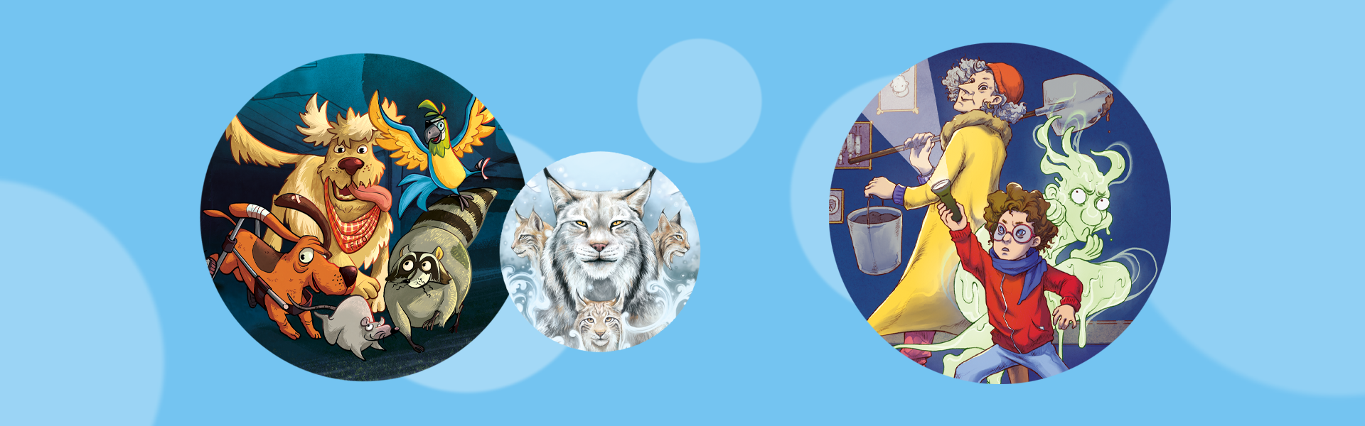 Kinderbuecher ab 8 Jahren; Banner Banner Kinderbuecher ab 8 Jahren mit verschiedenen bunten Charakteren in Kreisform