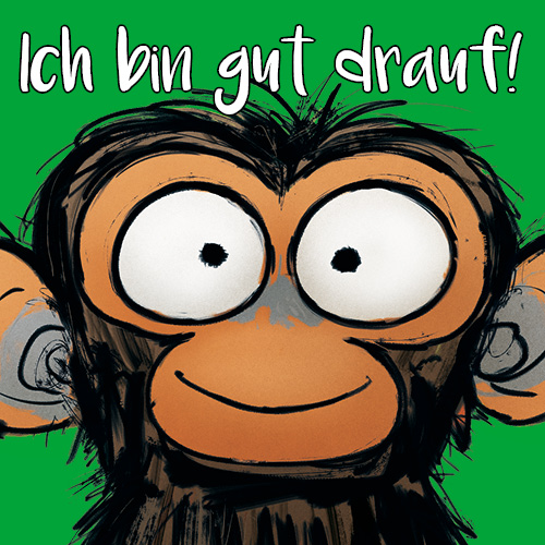 Jim; Gute Laune Der fröhliche Affe Jim vor grünem Hintergrund. Der Text oben heißt: "Ich bin gut drauf", Linkziel: zum Inhalt "Ich bin gut drauf" springen
