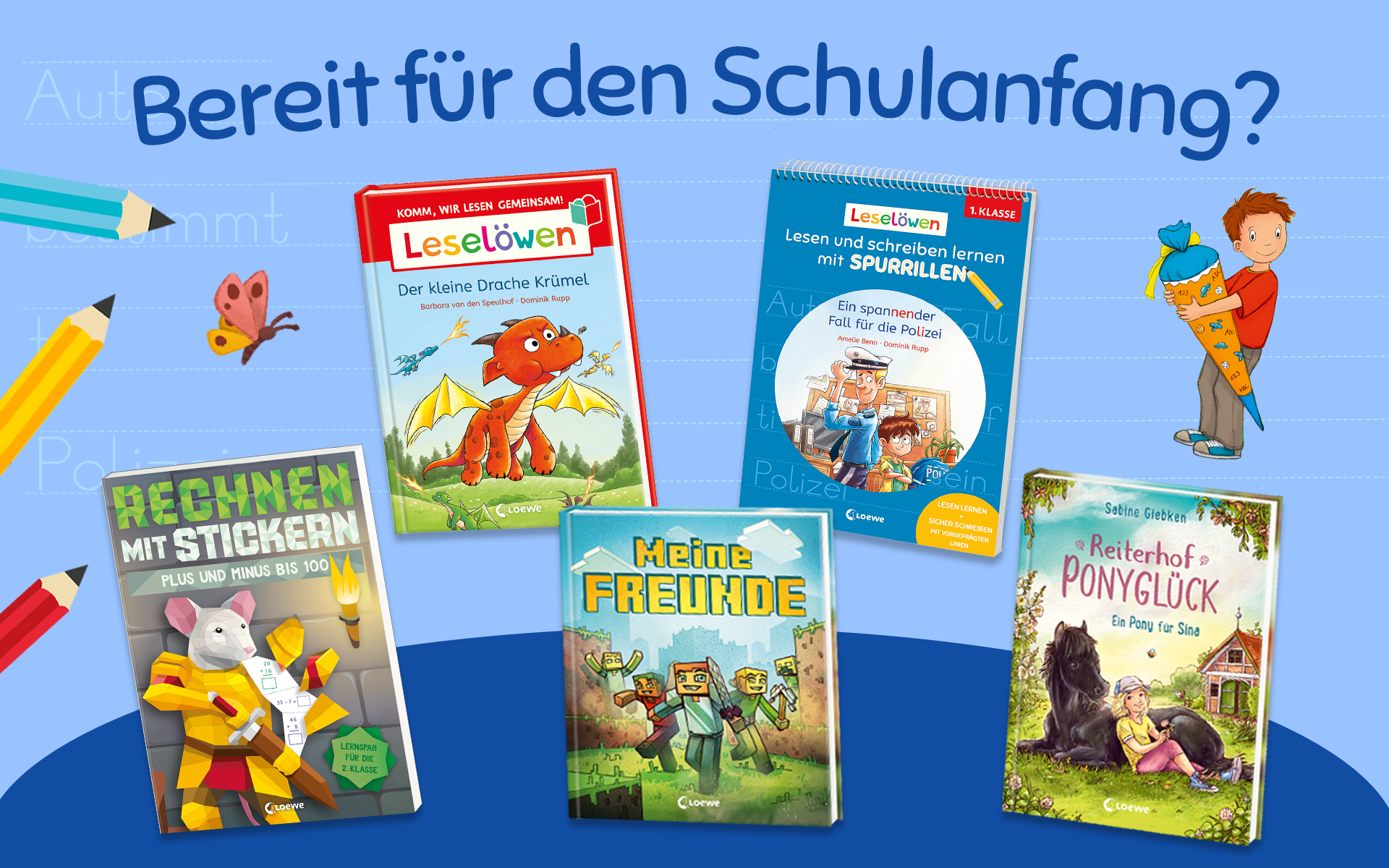 Banner mit blauem Hintergrund: Bereit fuer den Schulanfang? mit fuenf Covern, Buntstiften und einem Jungen mit Schultuete; Linkziel: Schulanfang