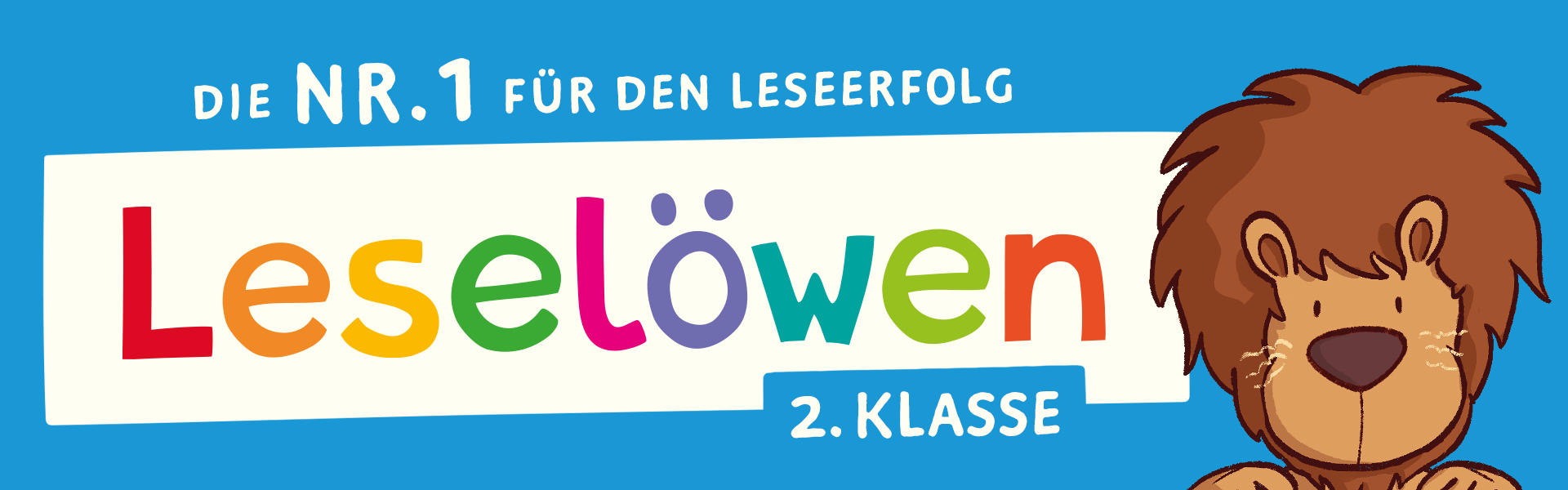 Leseloewen 2.Klasse; Banner Banner mit "Die Nr.1 für den Lesestart" und dem Leseloewen 2.Klasse Logo mit dem Leseloewen rechts auf blauem Hintergrund